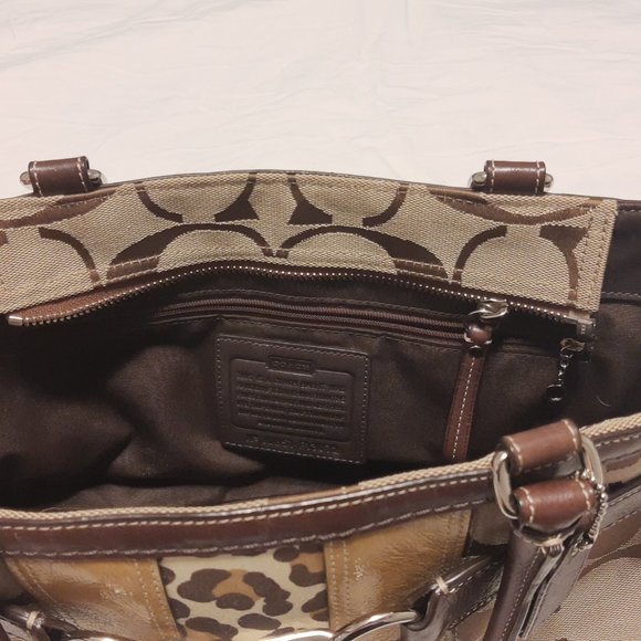 Coach "Hampton" Leopard, Signature Canvas & Leather Carry All Handbag - Picture 2 of 5